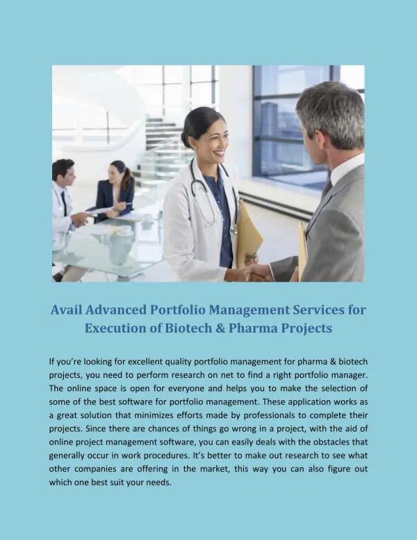Avail Advanced Portfolio Management Services for Execution of Biotech & Pharma Projects