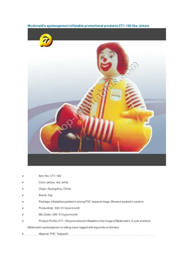 Mcdonald's spokesperson inflatable promotional products CT1-160 like Jokers