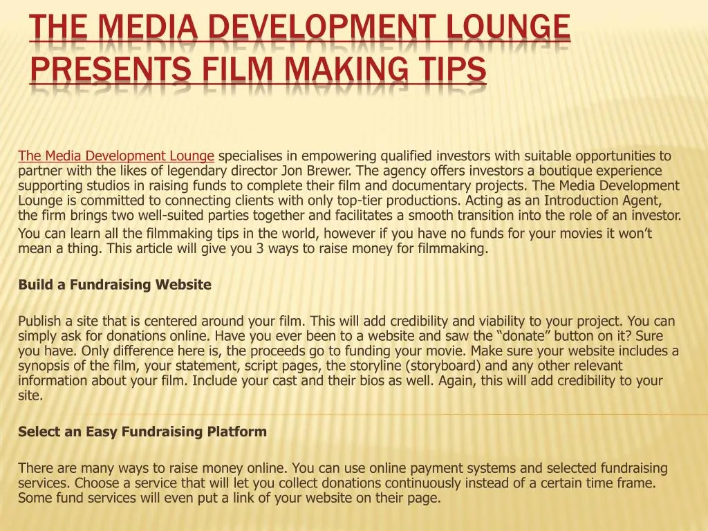 the media development lounge presents film making tips