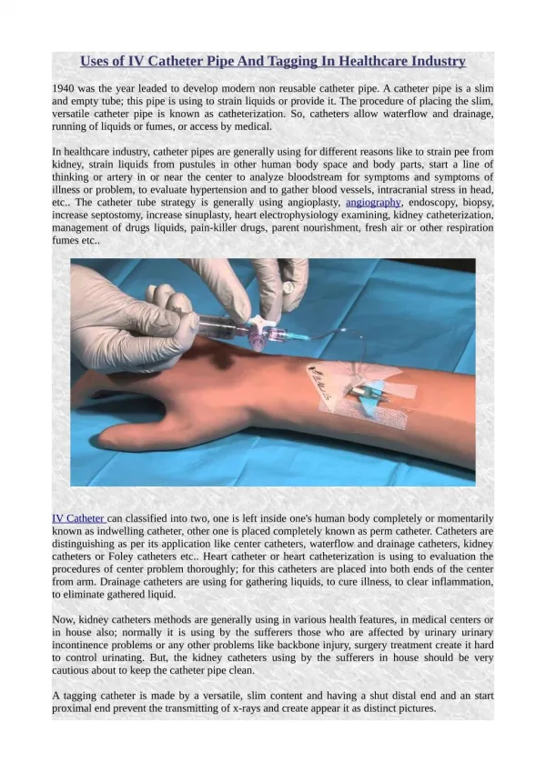 Uses of IV Catheter pipe and tagging in Healthcare Industry