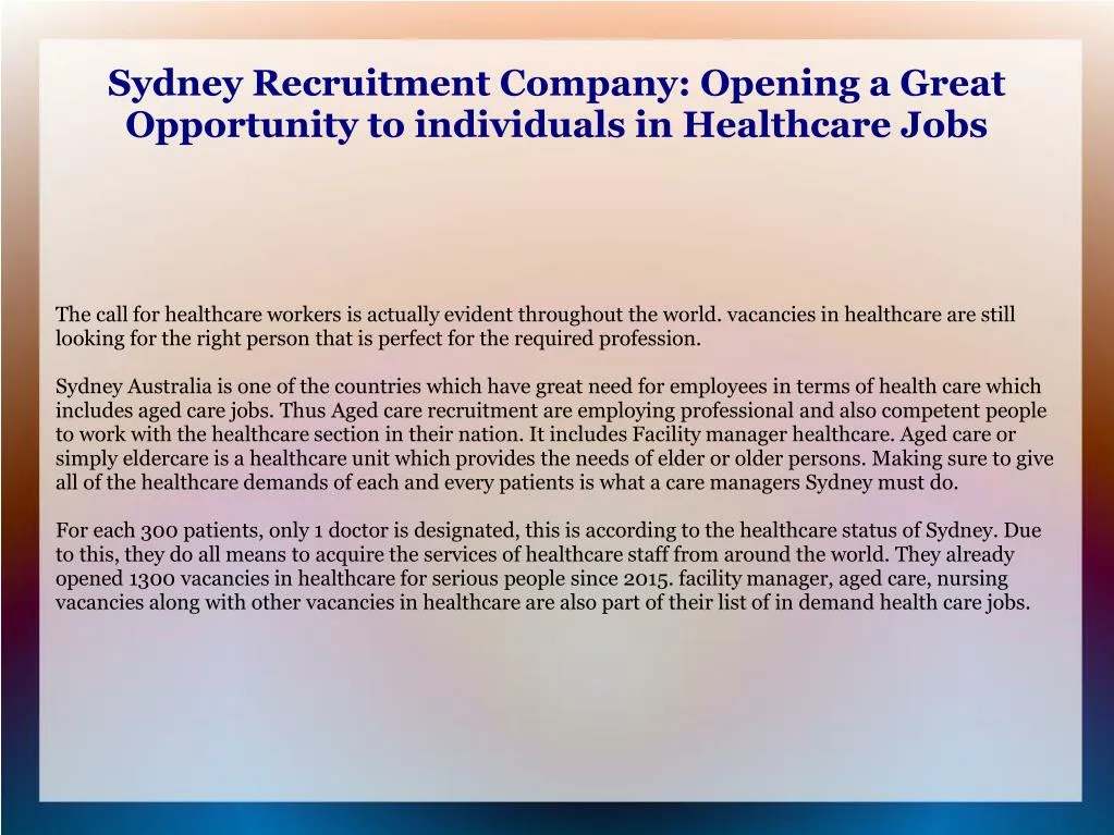 sydney recruitment company opening a great opportunity to individuals in healthcare jobs