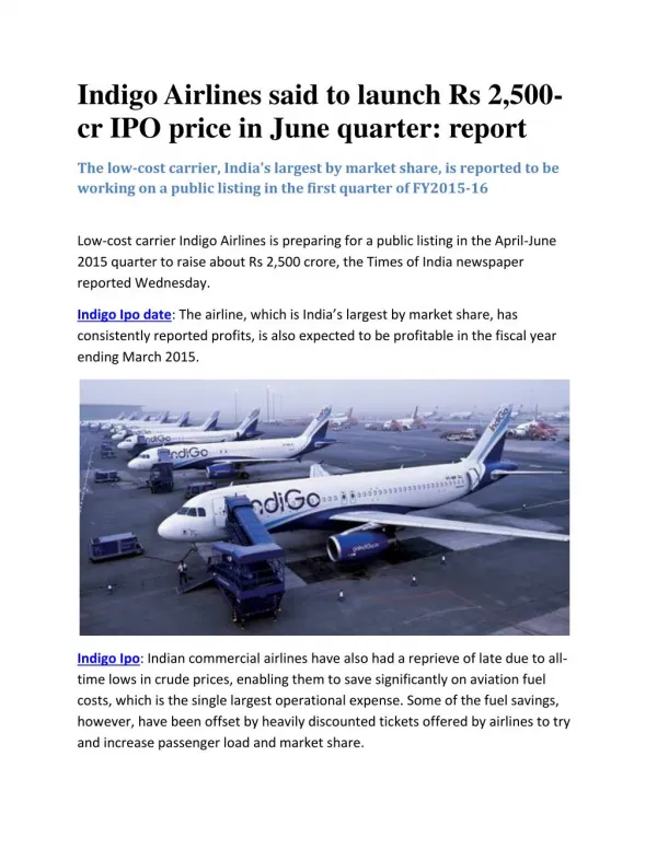 Indigo Airlines said to launch Rs 2,500-cr IPO price in June quarter: report