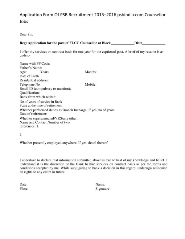Application Form of PSB Recruitment 2015–2016 Psbindia.com Counsellor Jobs