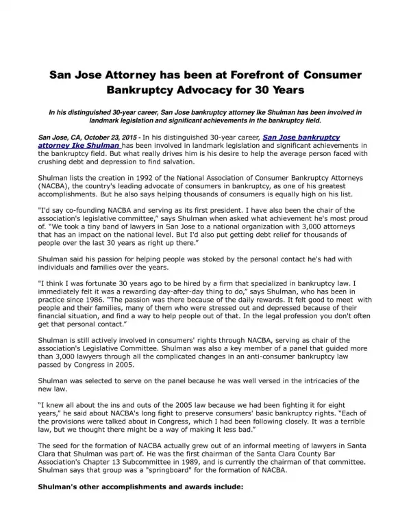 San Jose Attorney has been at Forefront of Consumer Bankruptcy Advocacy for 30 Years