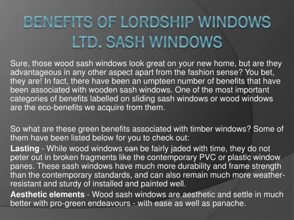 Benefits of Lordship Windows Ltd. Sash Windows