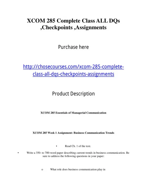XCOM 285 Complete Class ALL DQs ,Checkpoints ,Assignments