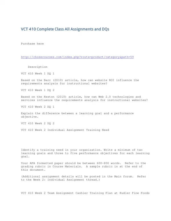 VCT 410 Complete Class All Assignments and DQs
