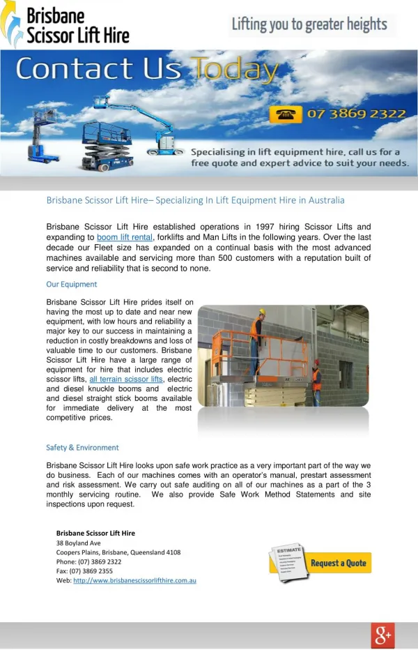 Brisbane Scissor Lift Hire– Specializing In Lift Equipment Hire in Australia