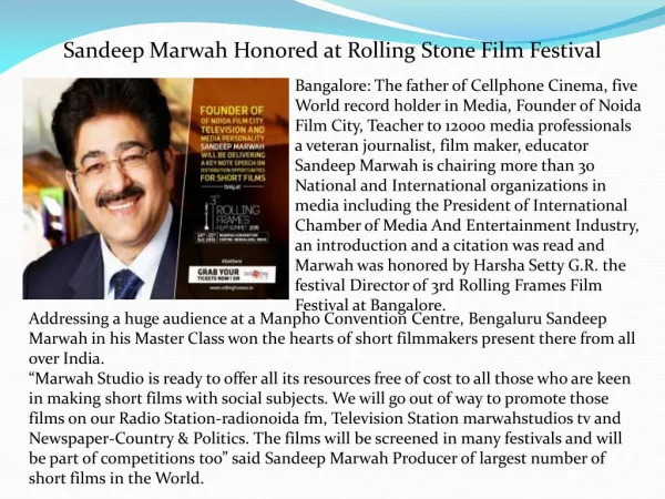 Sandeep marwah honored at rolling stone film festival