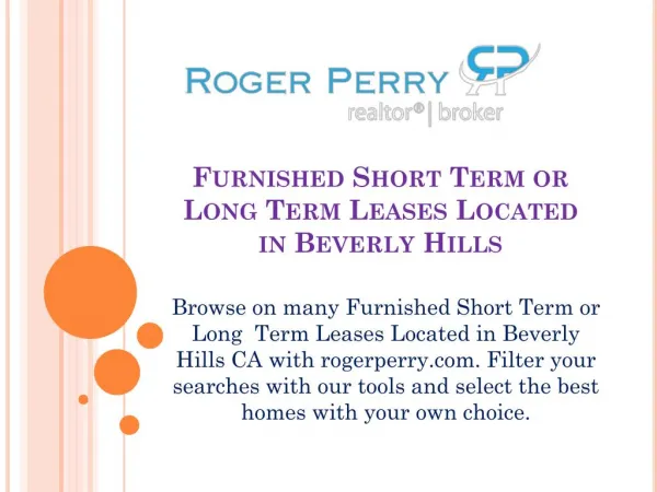 Furnished Short Term or Long Term Leases Located in Beverly Hills