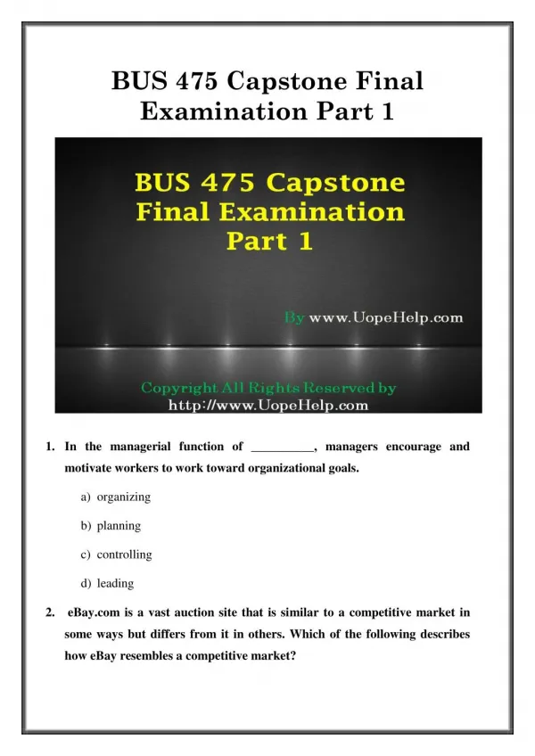 BUS 475 Capstone Final Exam Part 1 UOP Latest Course