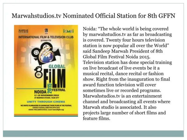 Marwahstudios.tv Nominated Official Station for 8th GFFN