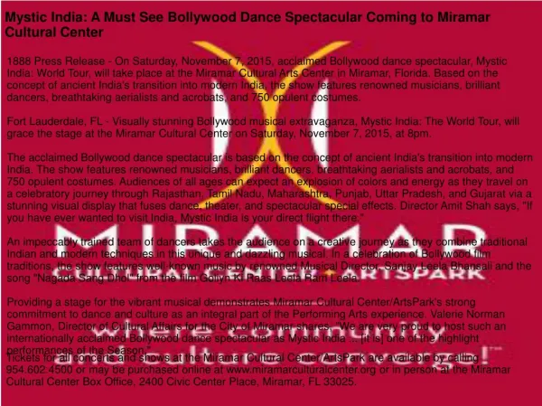 Mystic India: A Must See Bollywood Dance Spectacular Coming to Miramar Cultural Center