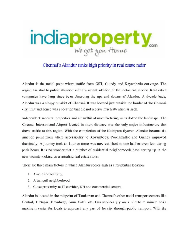 Chennai’s Alandur ranks high priority in real estate radar