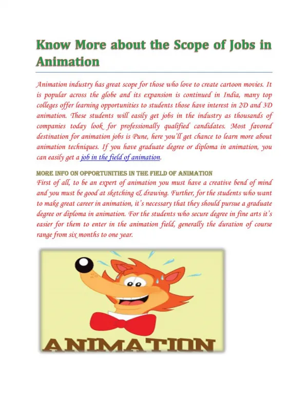 Animation jobs in Pune,Delhi,Chennai,Banglore- wisdomjobs