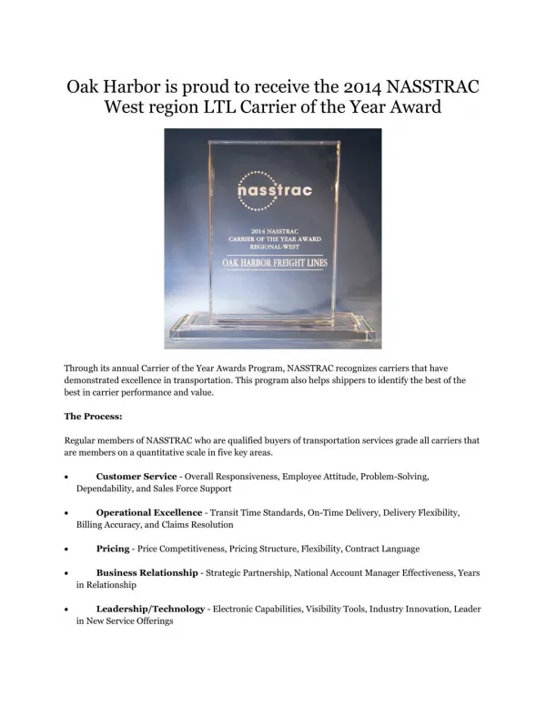 Oak Harbor is Proud to Receive Carrier of the Year Award