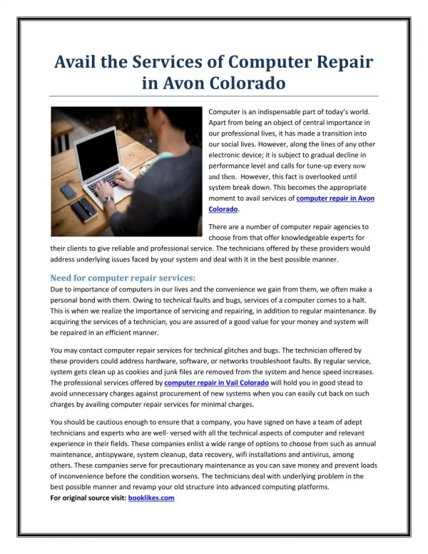 Avail the Services of Computer Repair in Avon Colorado