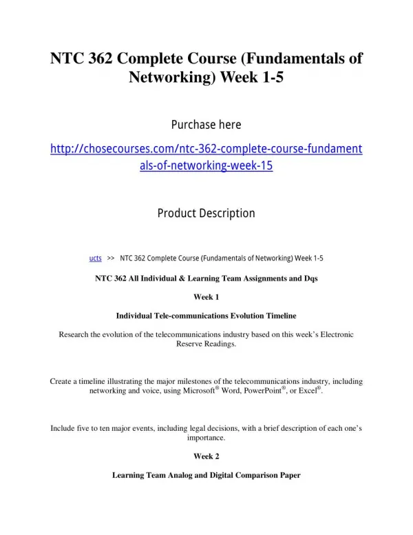 NTC 362 Complete Course (Fundamentals of Networking) Week 1-5