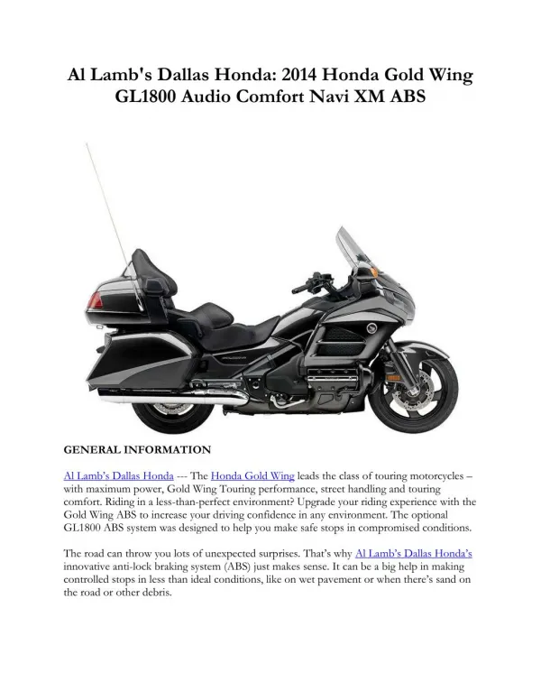 Al Lamb's Dallas Honda: 2014 Honda Gold Wing GL1800 Audio Comfort Navi XM ABS
