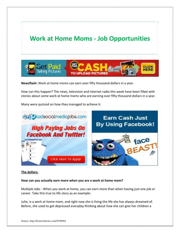 Work at Home Moms - Job Opportunities