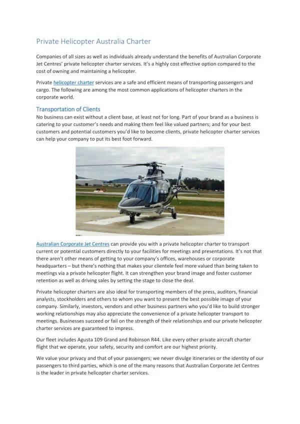Private Helicopter Australia Charter