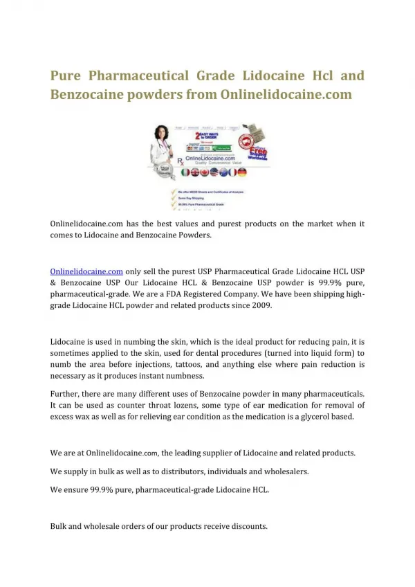 Pure Pharmaceutical Grade Lidocaine Hcl and Benzocaine powders from Onlinelidocaine.com