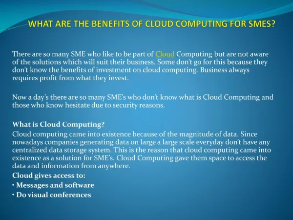 WHAT ARE THE BENEFITS OF CLOUD COMPUTING FOR SMES