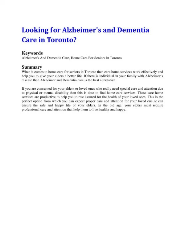 Looking for Alzheimer's and Dementia Care in Toronto?