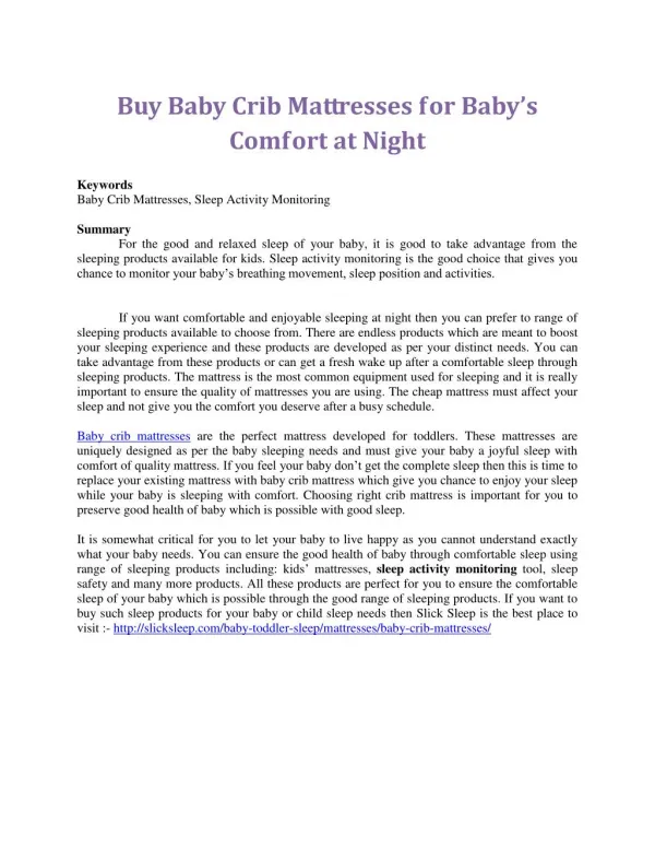 Buy Baby Crib Mattresses for Baby’s Comfort at Night