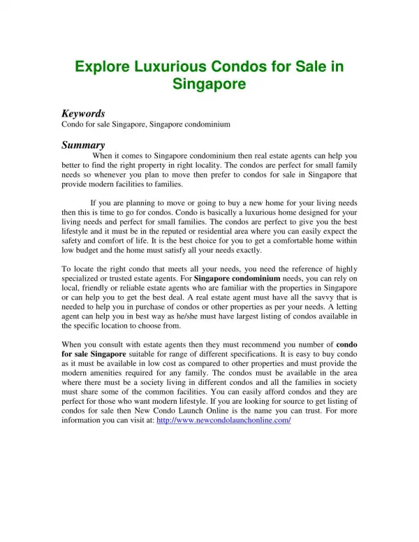 Explore Luxurious Condos for Sale in Singapore
