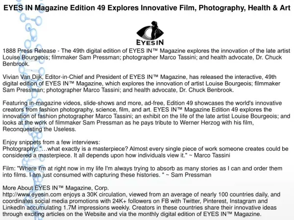 EYES IN Magazine Edition 49 Explores Innovative Film, Photography, Health & Art