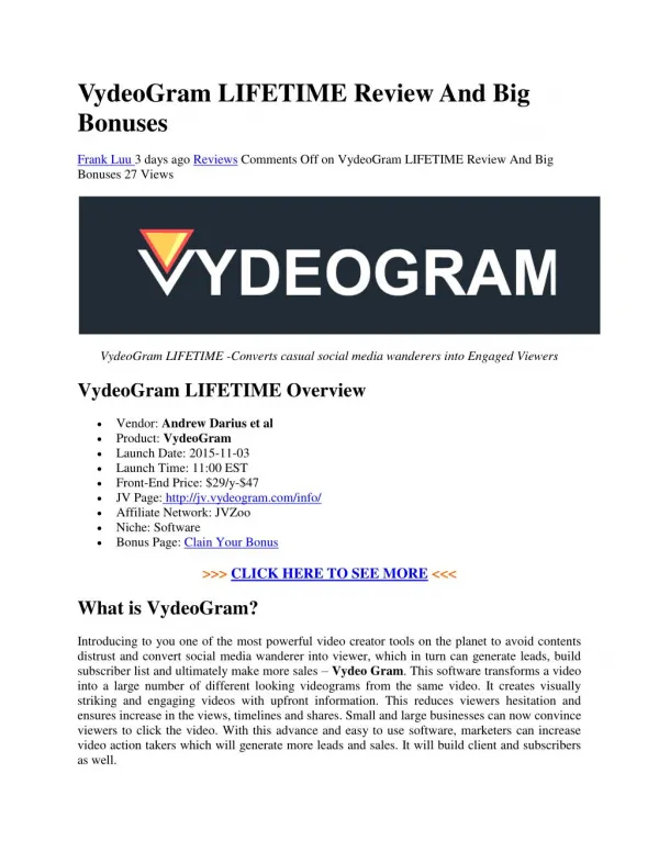 VydeoGram LIFETIME Review And Big Bonuses