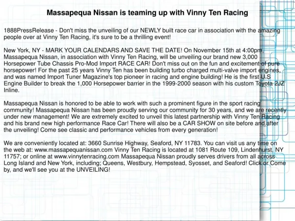 Massapequa Nissan is teaming up with Vinny Ten Racing