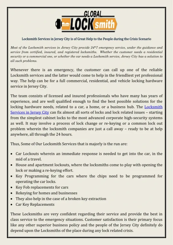 Locksmith Services in Jersey City is of Great Help to the People during the Crisis Scenario