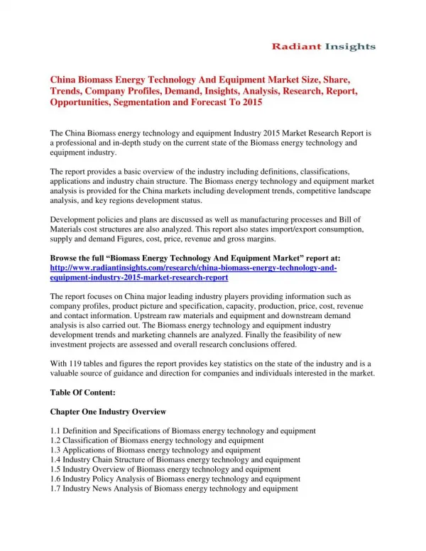 China Biomass energy technology and equipment Market Analysis, Growth, Trends and Forecast To 2015