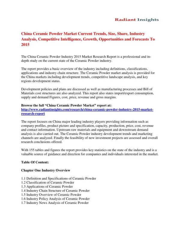 China Ceramic Powder Market Analysis And Forecasts To 2015