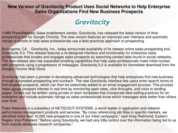 New Version of Gravitocity Product Uses Social Networks to Help Enterprise Sales Organizations Find New Business Prospec