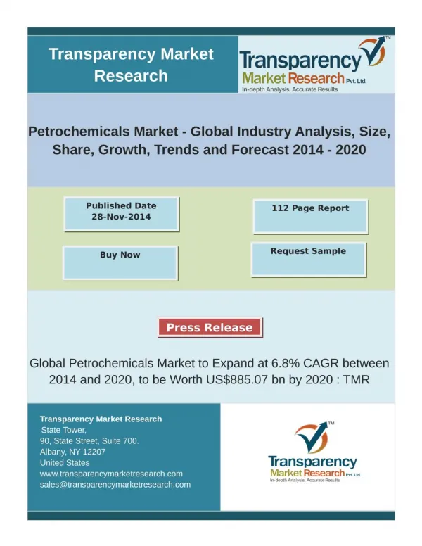 Global Petrochemicals Market to Expand at 6.8% CAGR between 2014 and 2020, to be Worth US$885.07 bn by 2020