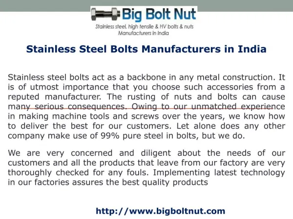 Stainless Steel Bolts Manufacturers in India