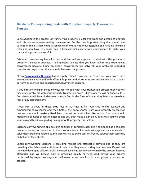 Brisbane Conveyancing Deals with Complex Property Transaction Process