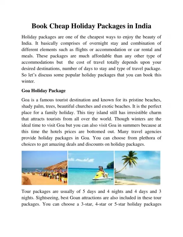 Book Cheap Holiday Packages in India