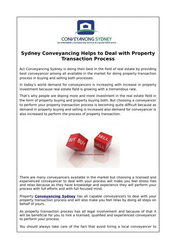 Sydney Conveyancing Helps to Deal with Property Transaction Process