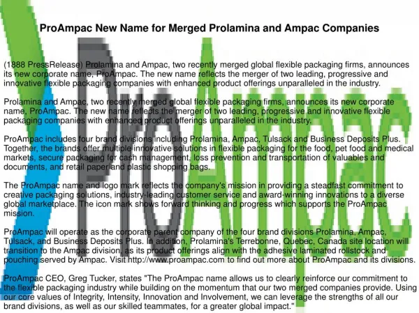 ProAmpac New Name for Merged Prolamina and Ampac Companies