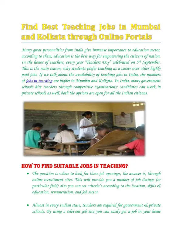 Teaching Jobs in Mumbai and Kolkata - wisdomjobs