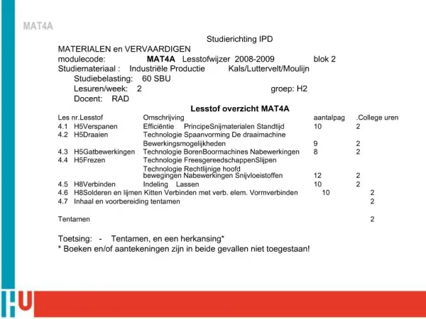 Studierichting IPD MATERIALEN en VERVAARDIGEN modulecode: MAT4A Lesstofwijzer 2008-2009 blok 2