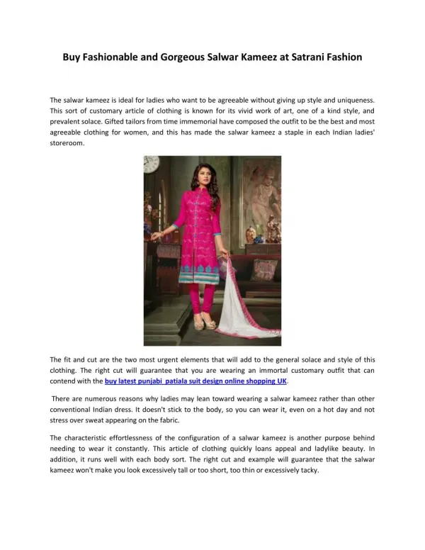 Buy Fashionable and Gorgeous Salwar Kameez at Satrani Fashion