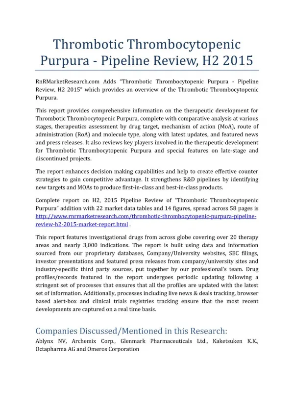Thrombotic Thrombocytopenic Purpura Pipeline Review H2 2015