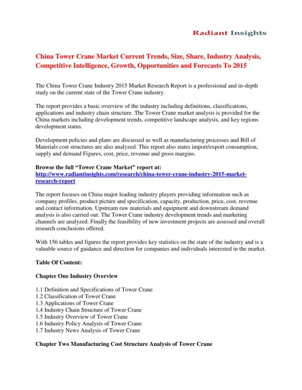 China Tower Crane Market Analysis And Forecasts To 2015