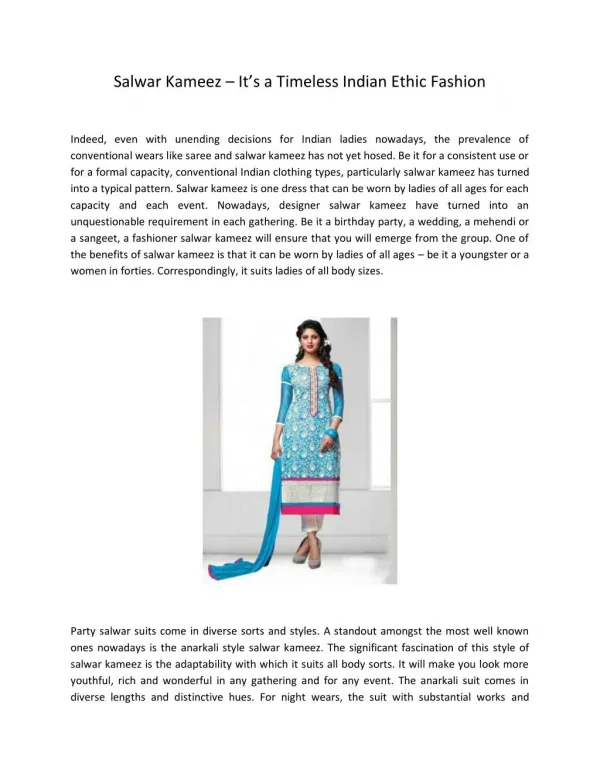 Salwar Kameez – It’s a Timeless Indian Ethic Fashion