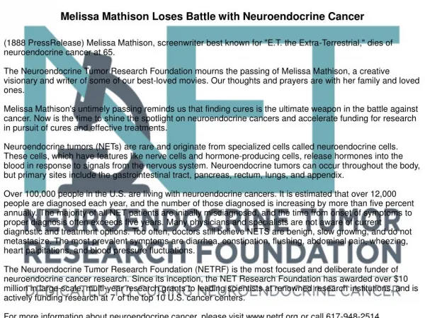 Melissa Mathison Loses Battle with Neuroendocrine Cancer